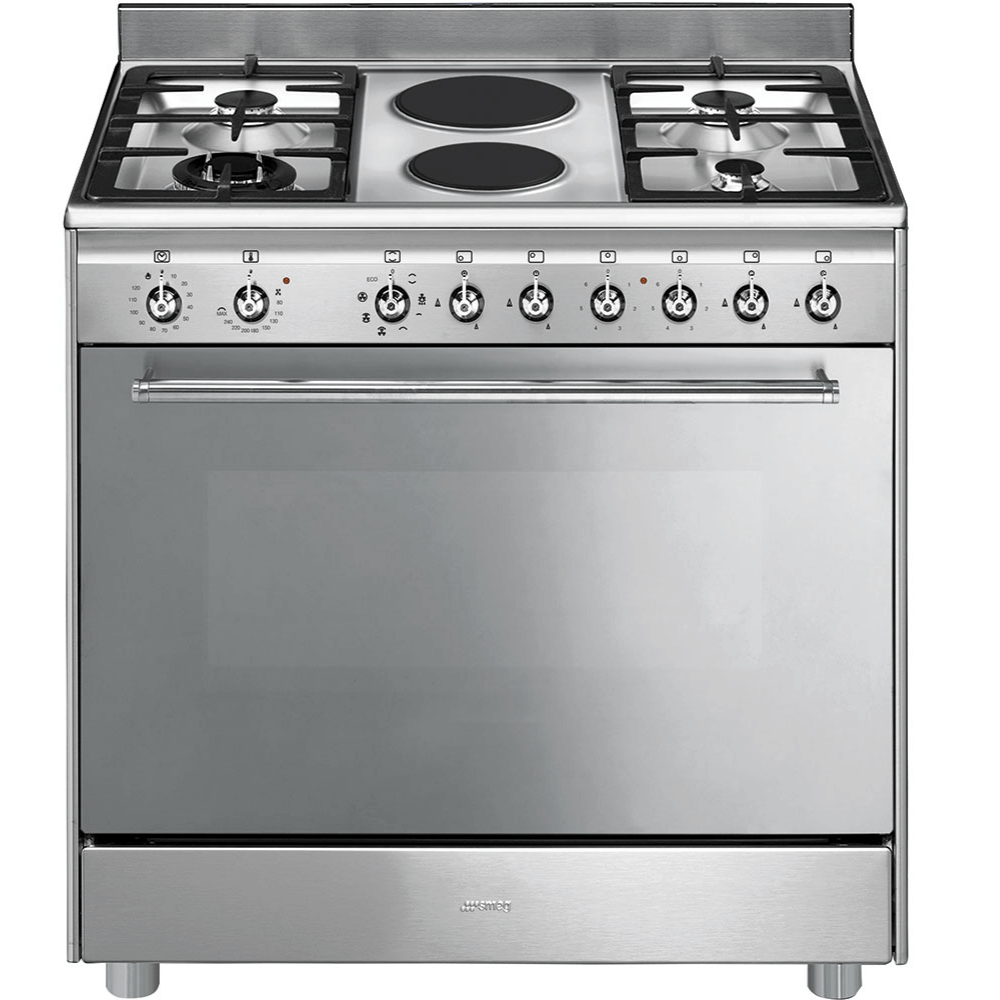 Smeg 90cm Gas Electric Cooker Stainless Steel 4 Gas And 2 Solid 